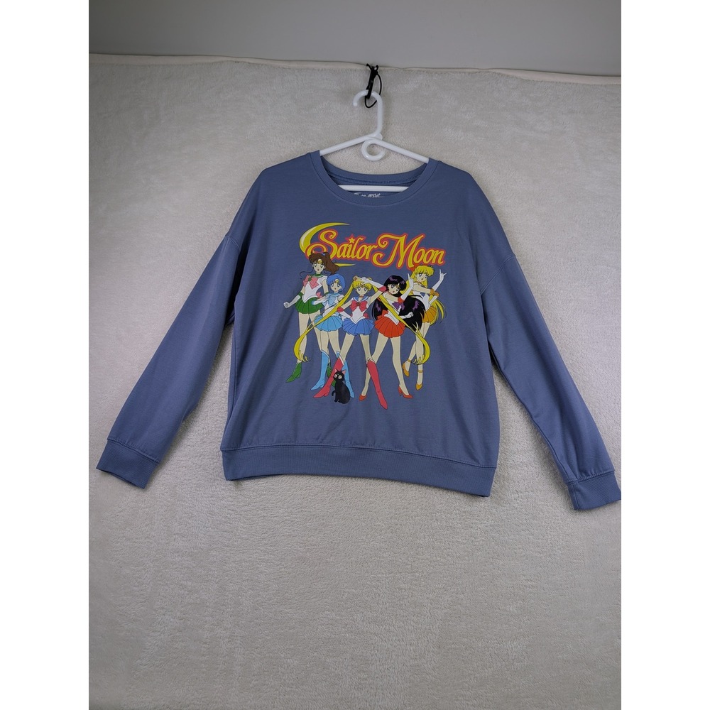 Sailor Moon Graphic Sweatshirt Blue Crewneck Pullover Anime Manga Women Medium